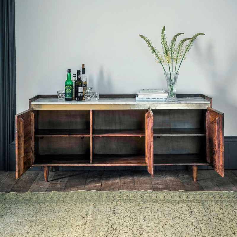 Suryavanshi Solid Sheesham Wood Sideboard Cabinet with White Marble Top, 4-Line Brass Inlay & 1 Door Adjustable Shelf | Multipurpose Storage Unit for Living Room & Dining – (45D x 160W x 87H Cm)