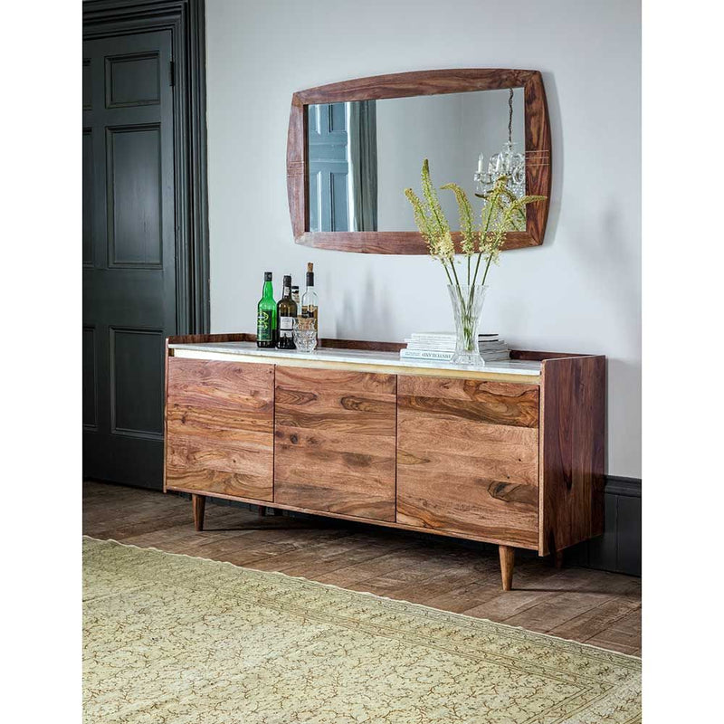 Suryavanshi Solid Sheesham Wood Sideboard Cabinet with White Marble Top, 4-Line Brass Inlay & 1 Door Adjustable Shelf | Multipurpose Storage Unit for Living Room & Dining – (45D x 160W x 87H Cm)