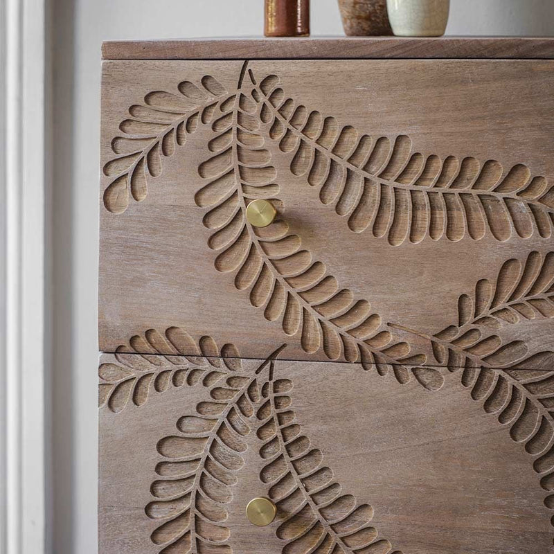 Suryavanshi Mango Wood Fern Chest of  Drawers – Nature-Inspired Storage with Artistic Detailing (W85 x D45 x H98cm)