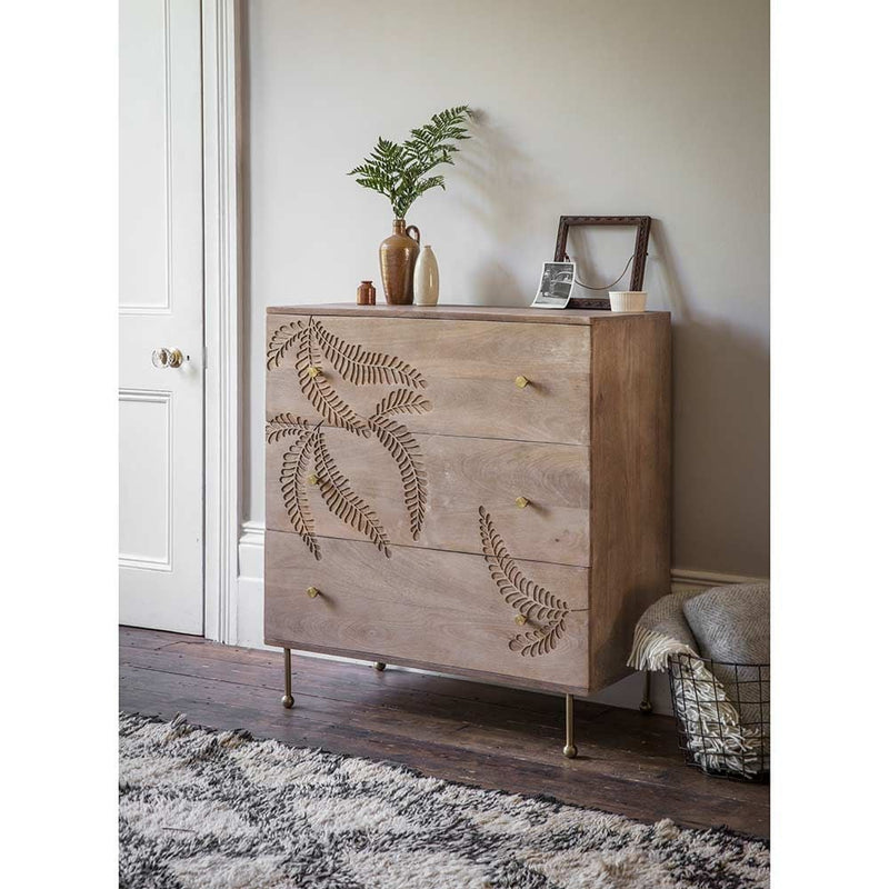 Suryavanshi Mango Wood Fern Chest of  Drawers – Nature-Inspired Storage with Artistic Detailing (W85 x D45 x H98cm)