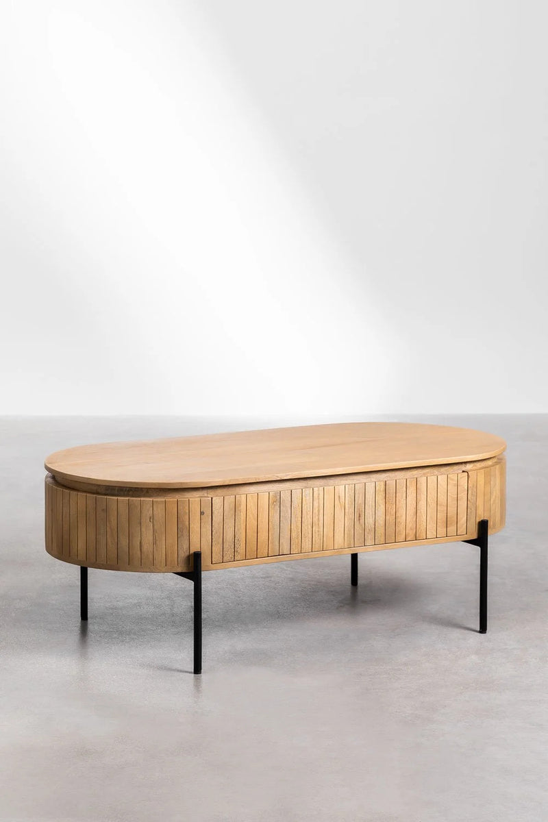 Suryavanshi Mango Wood Coffee Table with Black Powder Coated Iron Legs, 2 Drawers, and Oval Shape (Mango Wood-Oval Shape, W129.5 x D63 x H47 cm)