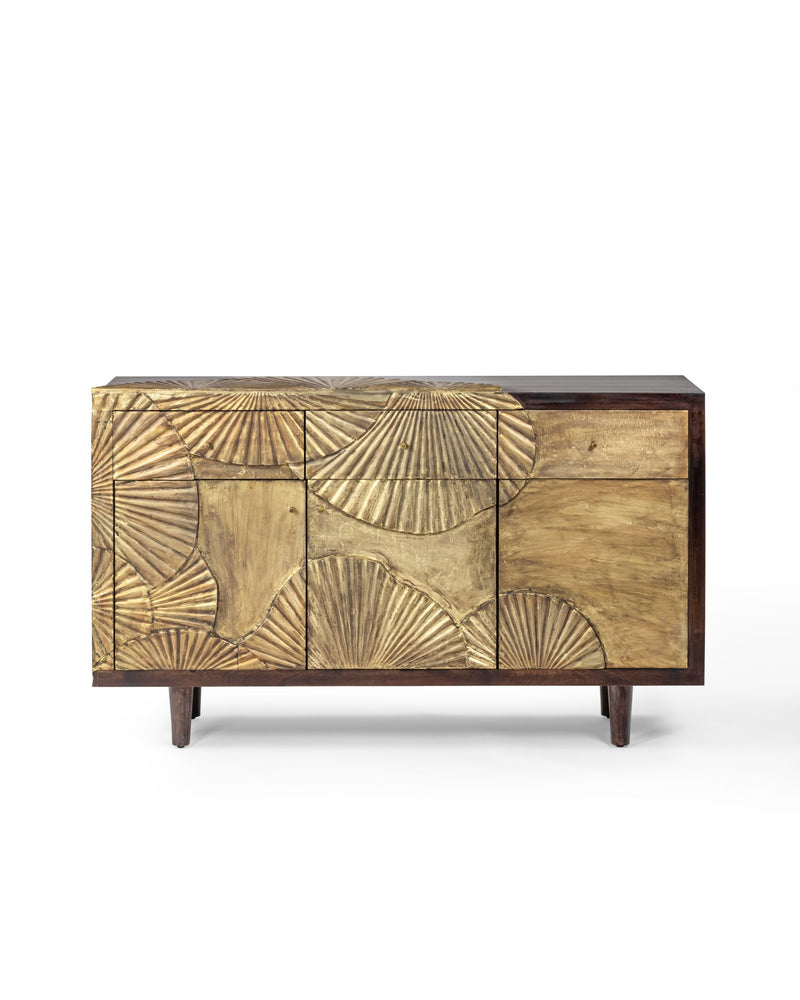 Suryavanshi Sheesham Wood Aegis Sideboard with Brass Work and Antique Finish – 3 Doors, 3 Drawers (W122 D45.7 H83.7 cm)