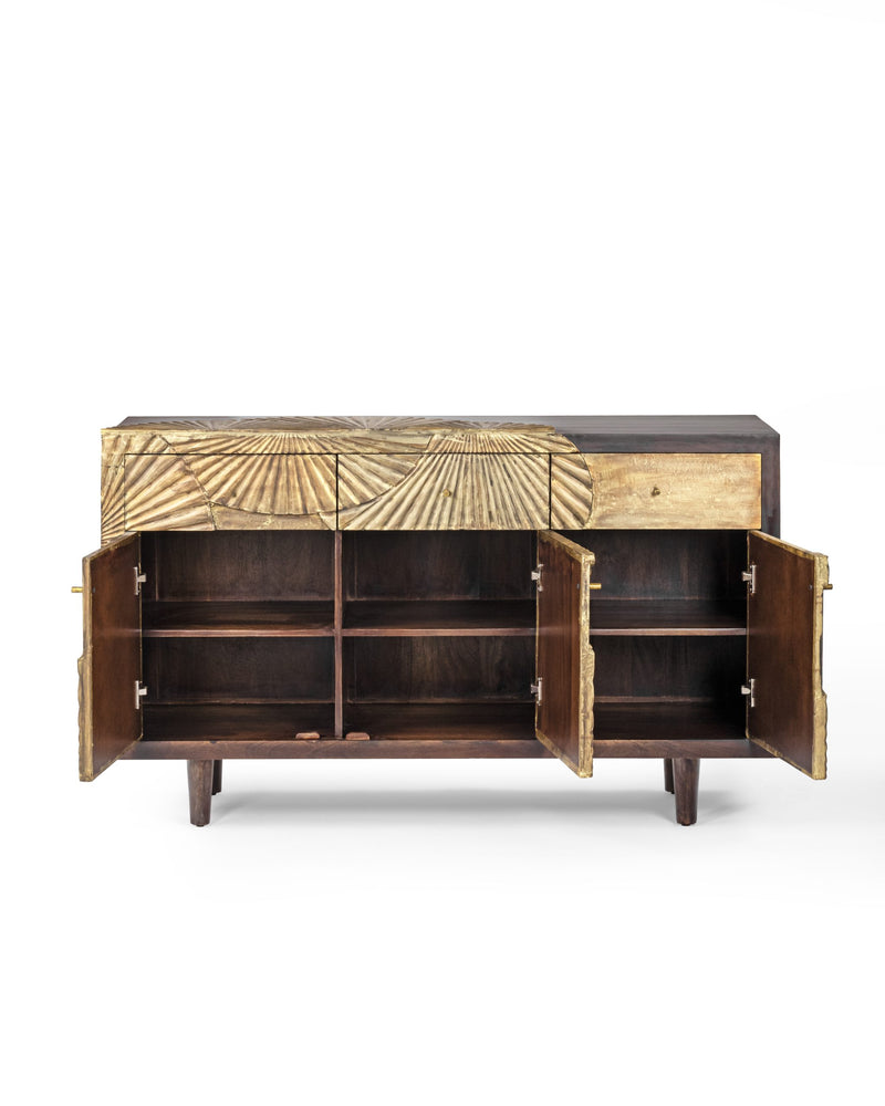 Suryavanshi Sheesham Wood Aegis Sideboard with Brass Work and Antique Finish – 3 Doors, 3 Drawers (W122 D45.7 H83.7 cm)
