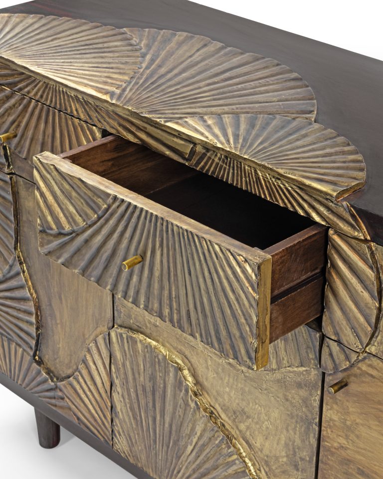 Suryavanshi Sheesham Wood Aegis Sideboard with Brass Work and Antique Finish – 3 Doors, 3 Drawers (W122 D45.7 H83.7 cm)