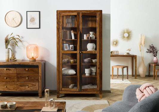 Suryavanshi Sheesham Wood and Glass Display Cabinet with 6 Shelves (Sheesham Wood-Glass, (W100 x D45 x H195 cm)