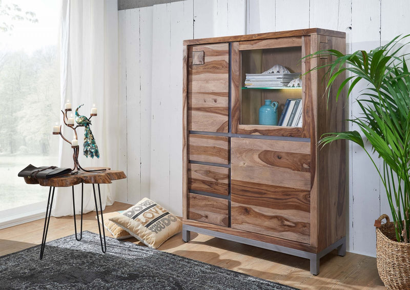 Suryavanshi Sheesham Wood Highboard with Iron Base and Frame - 3 Door, 3 Drawer Highboard with One Glass Door - Rustic and Modern Storage Furniture