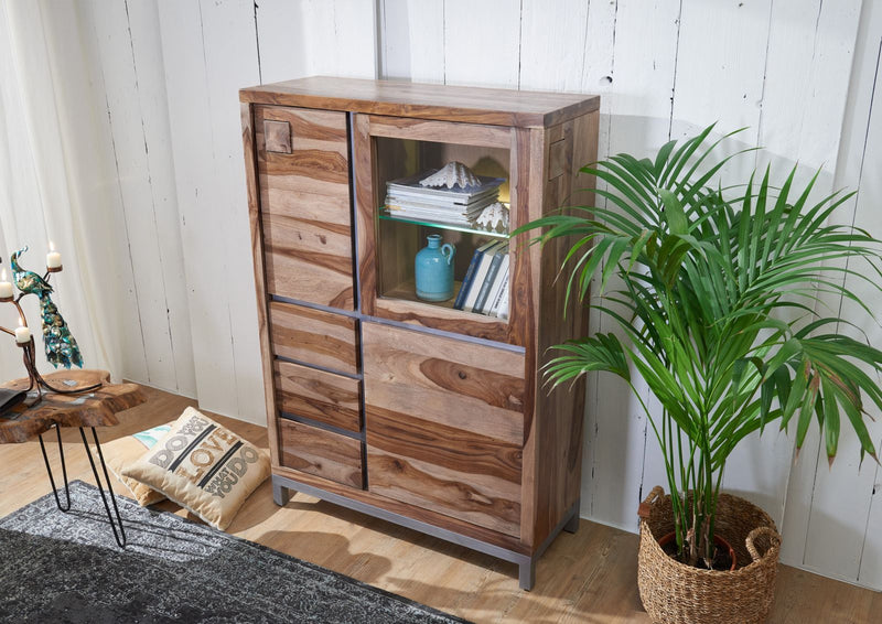 Suryavanshi Sheesham Wood Highboard with Iron Base and Frame - 3 Door, 3 Drawer Highboard with One Glass Door - Rustic and Modern Storage Furniture