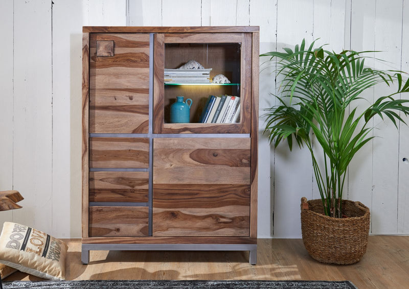 Suryavanshi Sheesham Wood Highboard with Iron Base and Frame - 3 Door, 3 Drawer Highboard with One Glass Door - Rustic and Modern Storage Furniture