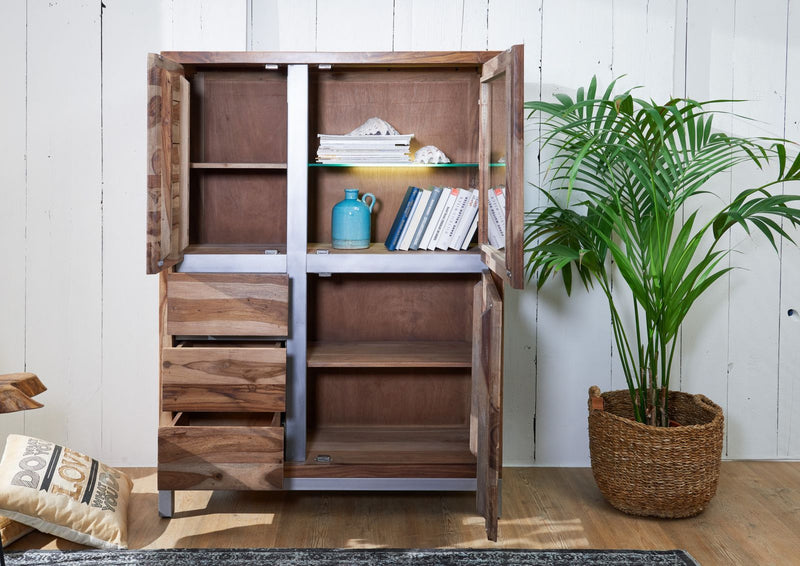 Suryavanshi Sheesham Wood Highboard with Iron Base and Frame - 3 Door, 3 Drawer Highboard with One Glass Door - Rustic and Modern Storage Furniture