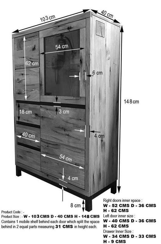 Suryavanshi Sheesham Wood Highboard with Iron Base and Frame - 3 Door, 3 Drawer Highboard with One Glass Door - Rustic and Modern Storage Furniture