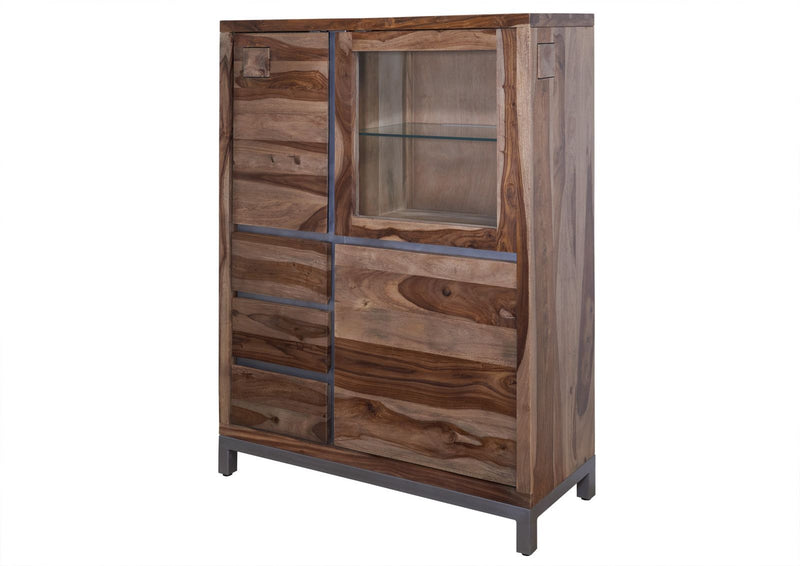 Suryavanshi Sheesham Wood Highboard with Iron Base and Frame - 3 Door, 3 Drawer Highboard with One Glass Door - Rustic and Modern Storage Furniture