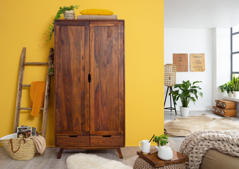Suryavanshi Title Sheesham Wood Wardrobe - 2 Door, 2 Drawer, 6 Shelf Wardrobe with One Hanging Shelf and Wooden Rod - Spacious and Elegant Bedroom Furniture (Sheesham Wood, W90 D45 H180 cm)