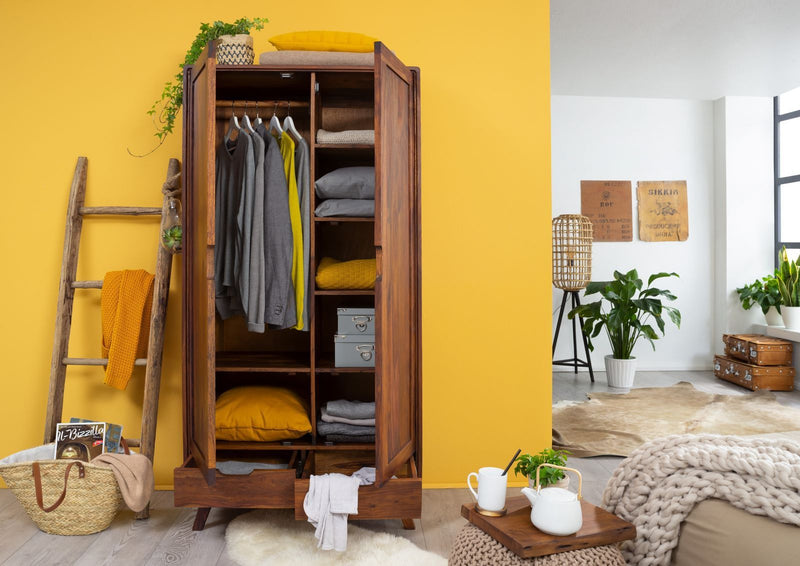 Suryavanshi Title Sheesham Wood Wardrobe - 2 Door, 2 Drawer, 6 Shelf Wardrobe with One Hanging Shelf and Wooden Rod - Spacious and Elegant Bedroom Furniture (Sheesham Wood, W90 D45 H180 cm)
