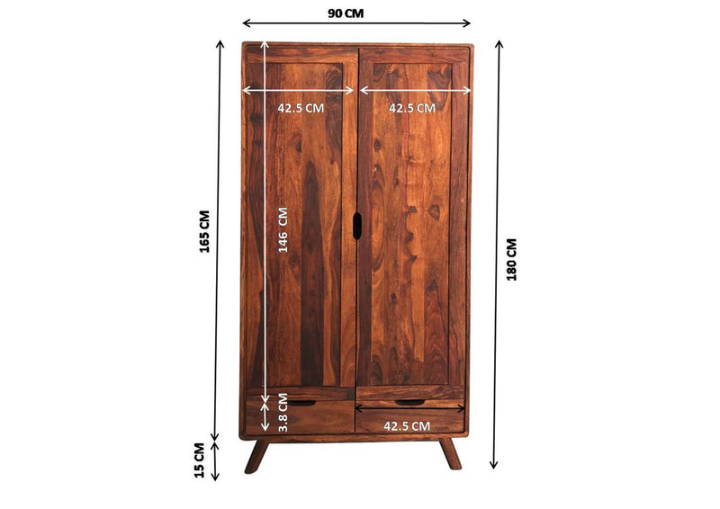 Suryavanshi Title Sheesham Wood Wardrobe - 2 Door, 2 Drawer, 6 Shelf Wardrobe with One Hanging Shelf and Wooden Rod - Spacious and Elegant Bedroom Furniture (Sheesham Wood, W90 D45 H180 cm)