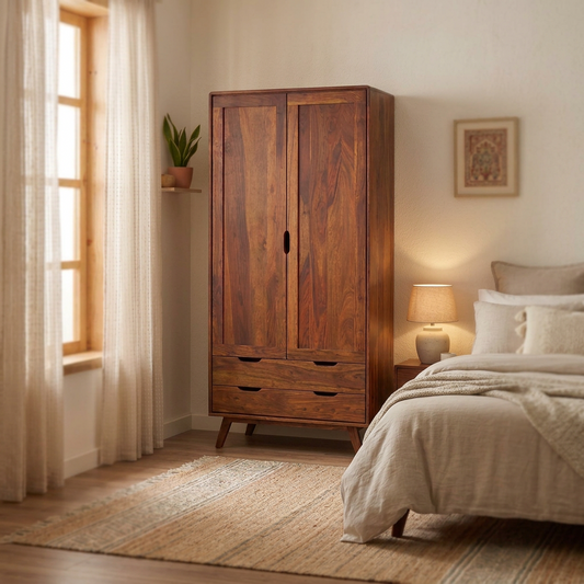 Sheesham Wood Wardrobe with 2 Doors, 2 Drawers & 6 Shelves, Hanging Rod, Spacious Bedroom Almirah