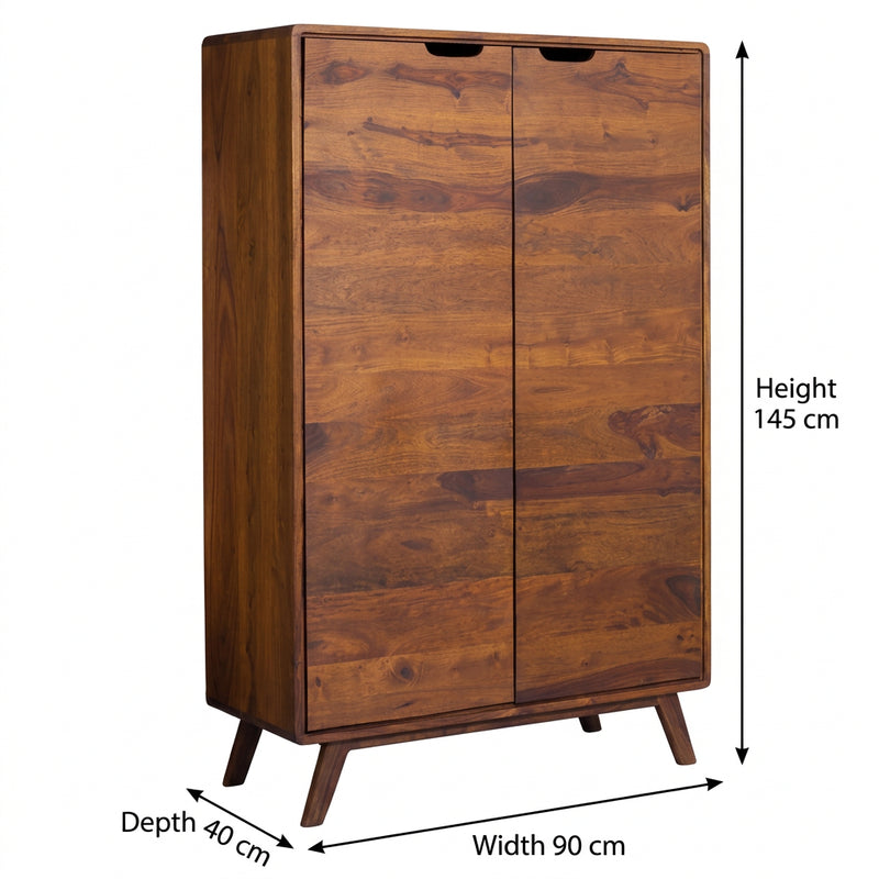 Sheesham Wood Storage Cabinet with Double Doors with six shelves inside in Honey Finish