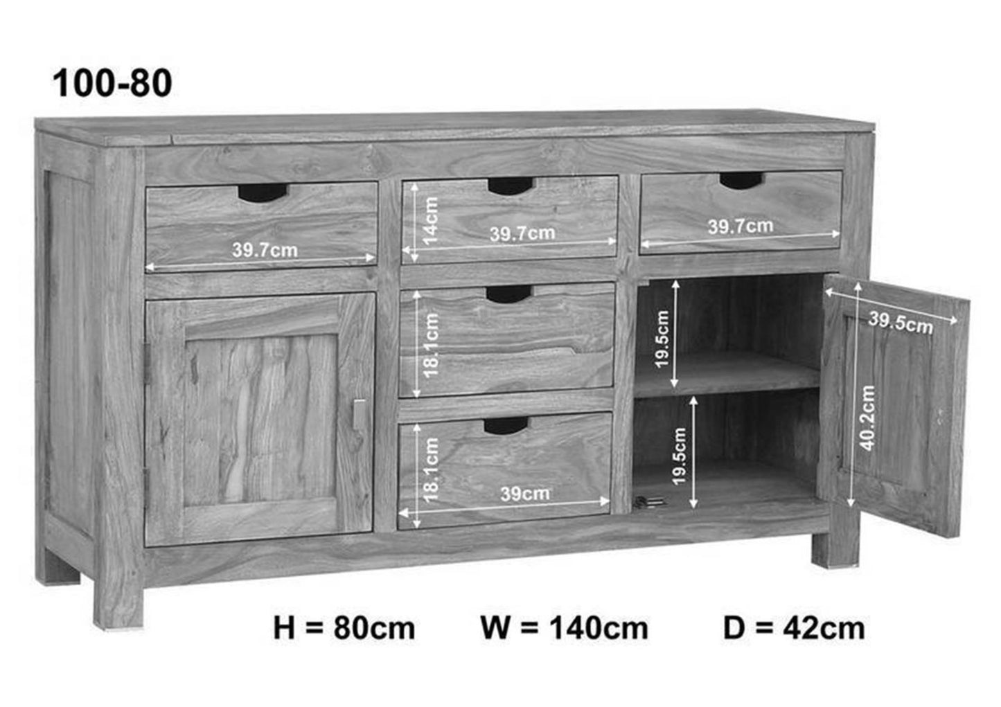 Suryavanshi Sheesham Wood Sideboard with 2 Doors, 5 Drawers and Drawer Tabs – Natural and Elegant Furniture for Your Dining Room (Sheesham Wood, W140 D42 H80 cm)