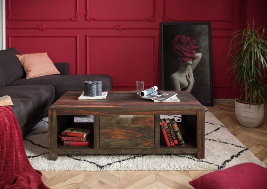 Suryavanshi Sheesham Wood Coffee Table with 1 Drawer and 2 Shelves - Natural and Practical Furniture for Your Living Room (Sheesham Wood, W118 D65 H42 cm)