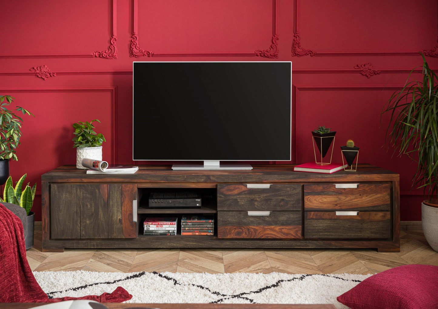 Suryavanshi Sheesham Wood TV Unit with 4 Drawers, 1 Door and 2 Shelves (Sheesham Wood, W205 D50 H45 cm)