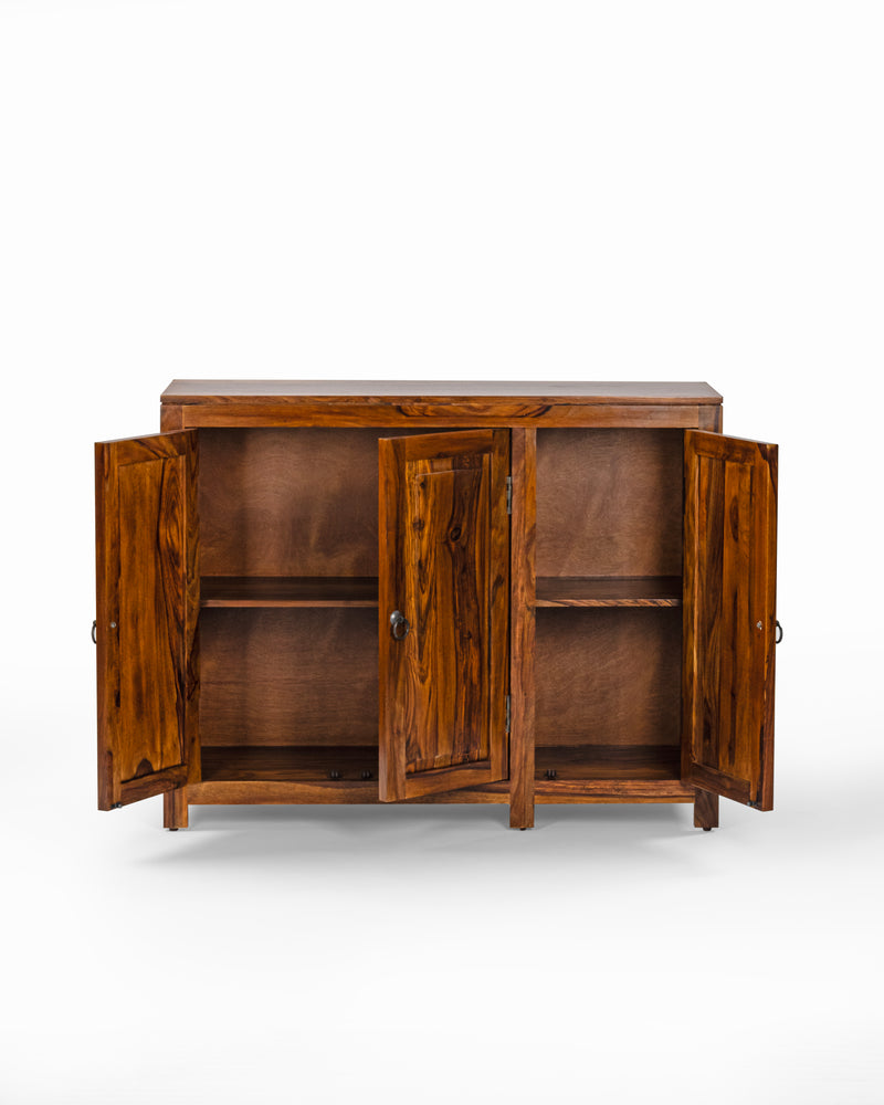 Suryavanshi Sheesham Wood Storage Cabinet with 3 Doors – Solid Wood Sideboard for Living Room, Dining, and Home Office (Natural Finish)