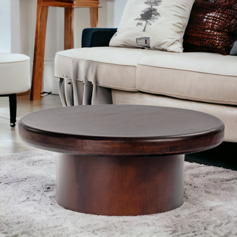 Suryavanshi Modern Wooden Round Coffee Table for Living Room Solid Mango Wood Center Table | Low-Height Coffee Table for Home & Office | Dark Brown Finish
