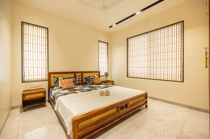 CLARISSA Solid Sheesham Wood Bed With Natural Rattan Work (Honey Finish)