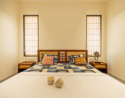CLARISSA Solid Sheesham Wood Bed With Natural Rattan Work (Honey Finish)
