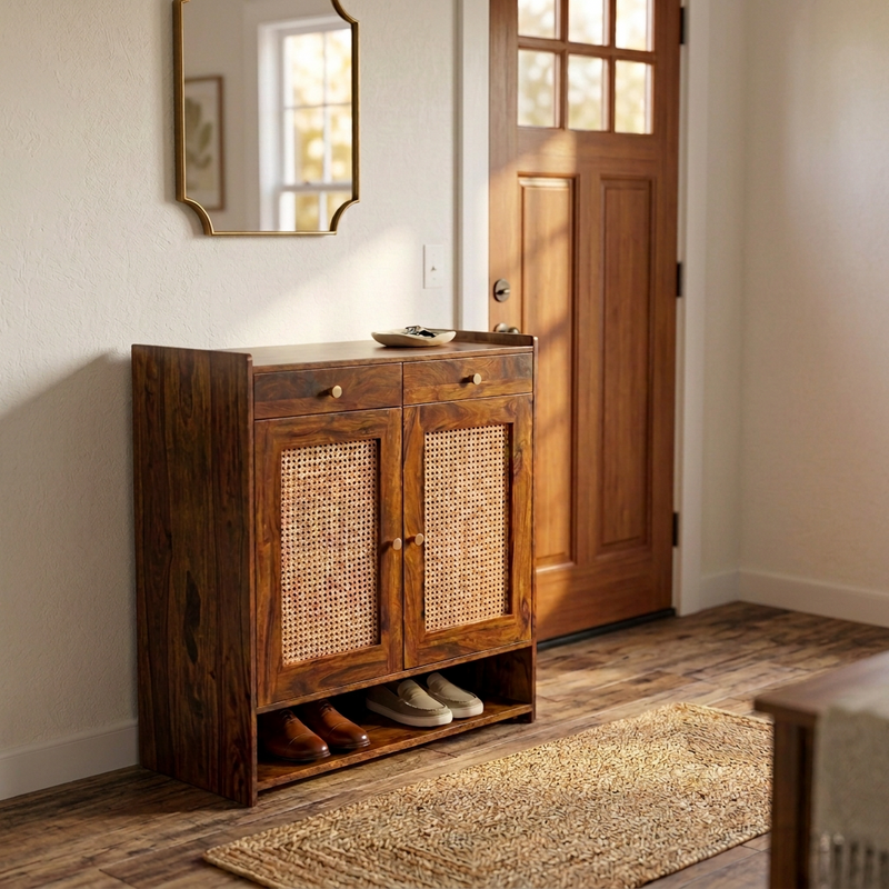 Suryavanshi Wooden Shoe Cabinet with Cane Webbing Doors, 2 Drawers, Open Shelf, Sheesham Wood