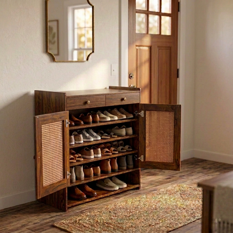 Suryavanshi Wooden Shoe Cabinet with Cane Webbing Doors, 2 Drawers, Open Shelf, Sheesham Wood