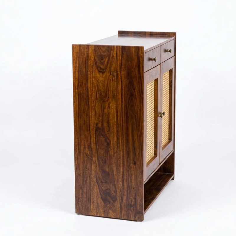 Suryavanshi Wooden Shoe Cabinet with Cane Webbing Doors, 2 Drawers, Open Shelf, Sheesham Wood