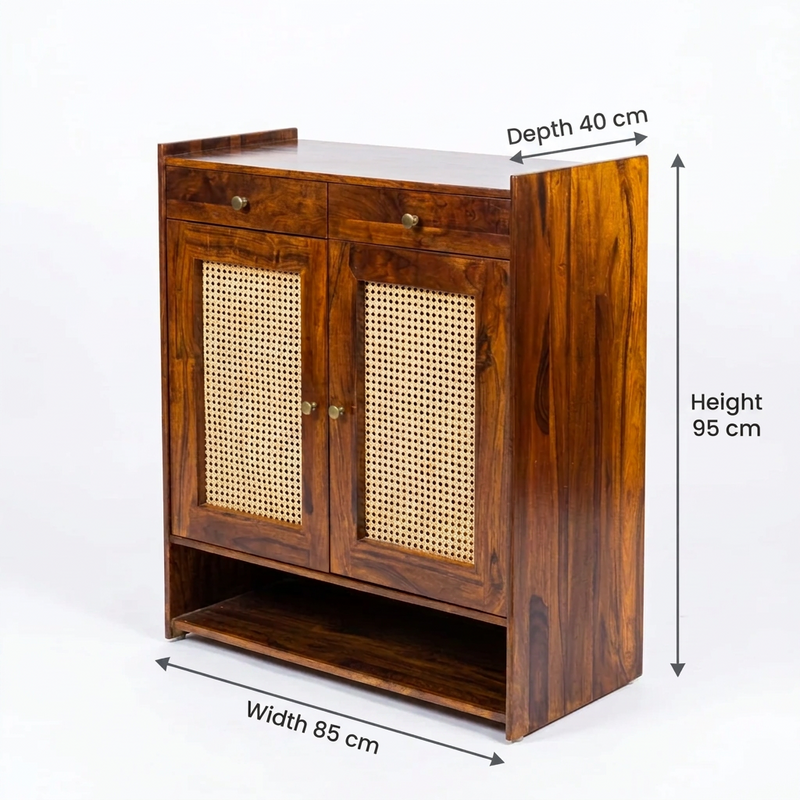 Suryavanshi Wooden Shoe Cabinet with Cane Webbing Doors, 2 Drawers, Open Shelf, Sheesham Wood