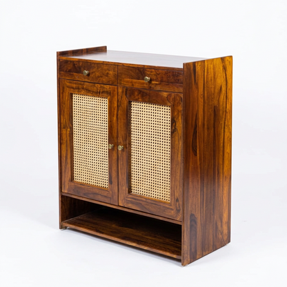 Suryavanshi Wooden Shoe Cabinet with Cane Webbing Doors, 2 Drawers, Open Shelf, Sheesham Wood