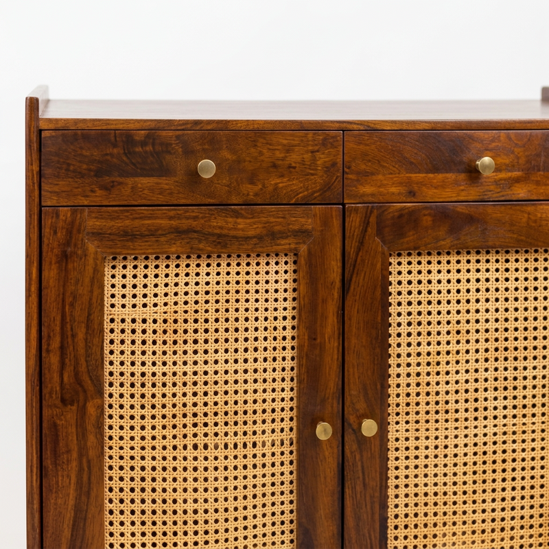 Suryavanshi Wooden Shoe Cabinet with Cane Webbing Doors, 2 Drawers, Open Shelf, Sheesham Wood