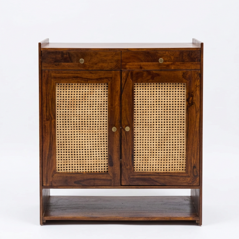 Suryavanshi Wooden Shoe Cabinet with Cane Webbing Doors, 2 Drawers, Open Shelf, Sheesham Wood