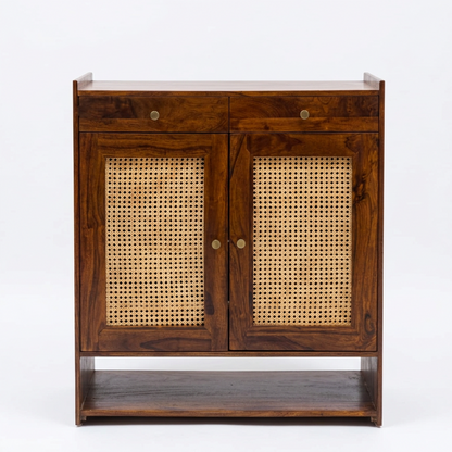 Suryavanshi Wooden Shoe Cabinet with Cane Webbing Doors, 2 Drawers, Open Shelf, Sheesham Wood