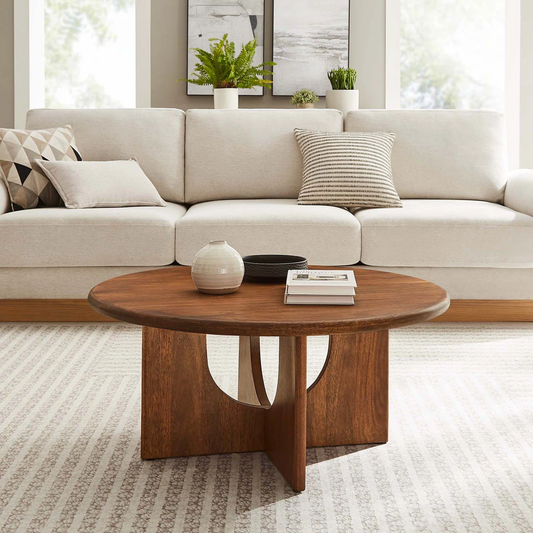 Suryavanshi Solid Mango Wood Round Coffee Table for Living Room – Mid-Century Modern Center Table with Geometric Base (Walnut Finish)