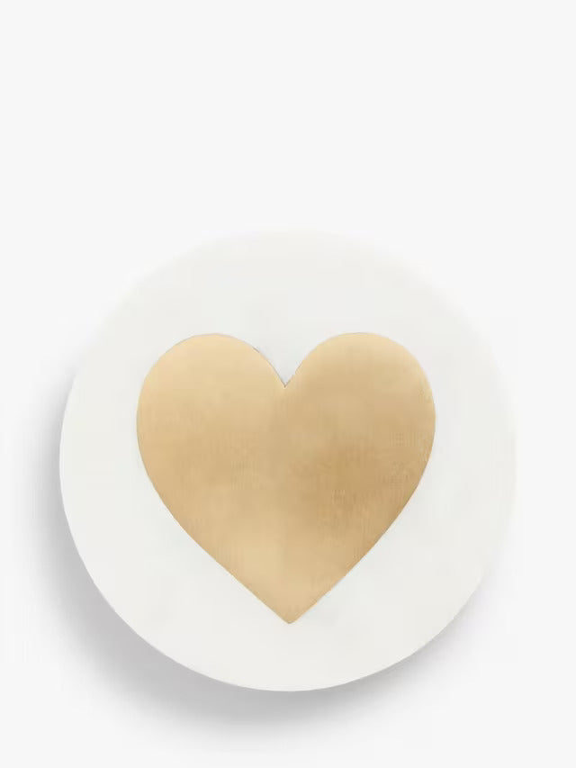 Suryavanshi Heart Marble Coaster, White/Brass Deep Sea Twirl