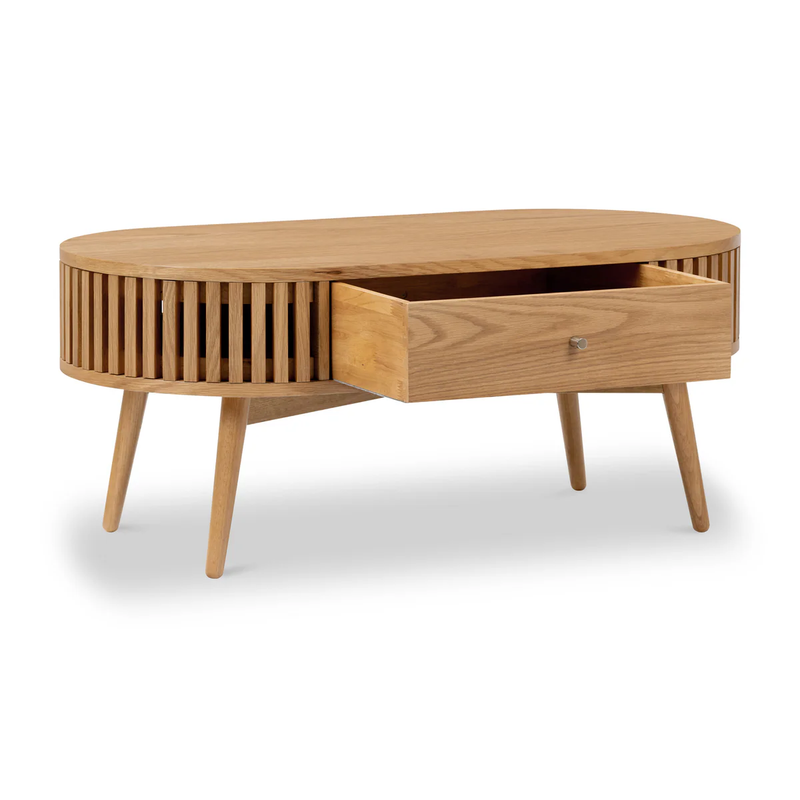 Suryavanshi Mid-Century Modern Oval Coffee Table with Storage Drawer, Natural Mango Wood, Slatted Design | Stylish Living Room Centerpiece