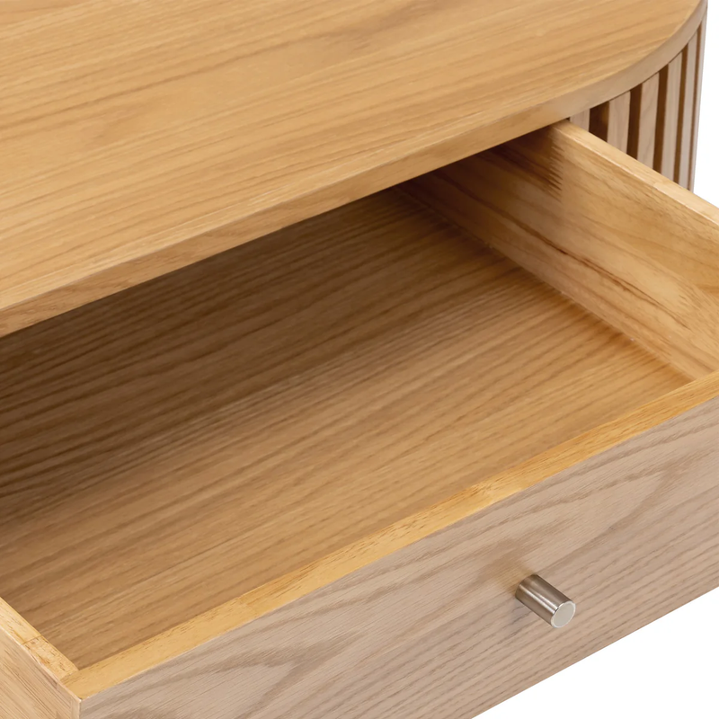 Suryavanshi Mid-Century Modern Oval Coffee Table with Storage Drawer, Natural Mango Wood, Slatted Design | Stylish Living Room Centerpiece