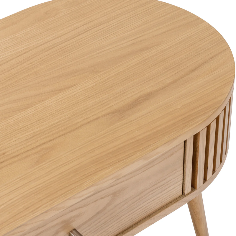 Suryavanshi Mid-Century Modern Oval Coffee Table with Storage Drawer, Natural Mango Wood, Slatted Design | Stylish Living Room Centerpiece
