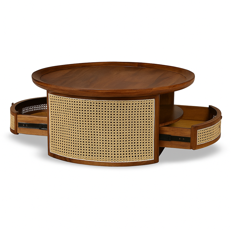 Suryavanshi Solid Sheesham Wood Round Coffee Table with Cane Webbing & Hidden Storage Drawers | Natural Finish Center Table for Living Room