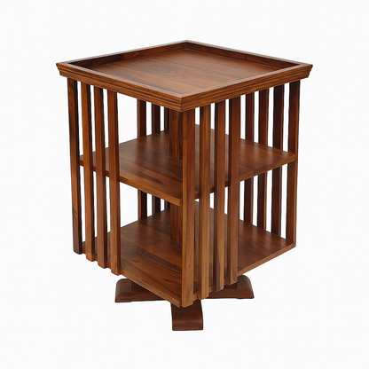 Solid Sheesham Wood Rotating Bookshelf for Living Room | 360° Swivel Book Rack with 2-Tier Storage & Open Shelf Design | Wooden Display Stand for Home & Office (Walnut Finish)