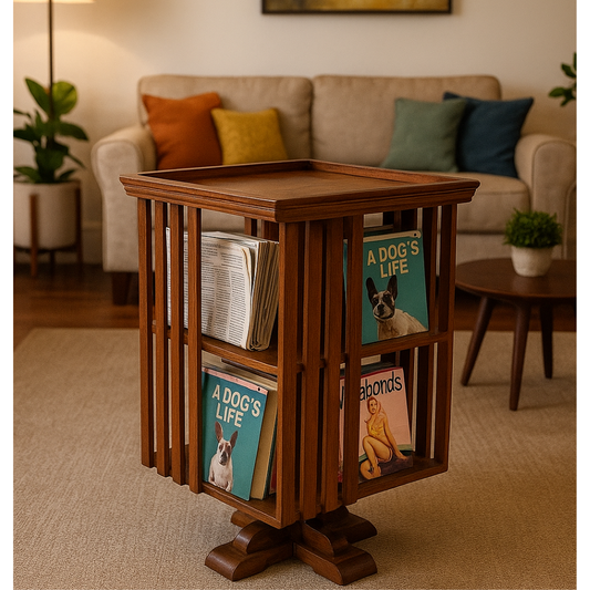 Solid Sheesham Wood Rotating Bookshelf for Living Room | 360° Swivel Book Rack with 2-Tier Storage & Open Shelf Design | Wooden Display Stand for Home & Office (Walnut Finish)