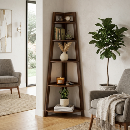 Suryavanshi Sheesham Wood Corner Shelf Unit | Foldable 5-Tier Corner Display Rack
