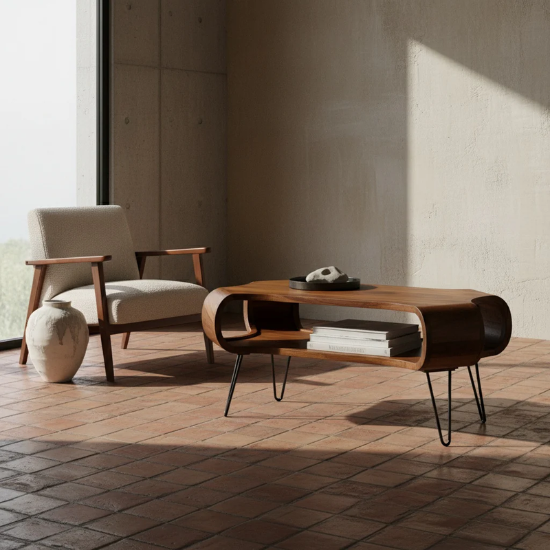 Arcora Rectangular coffee table in Sheesham wood and metal Legs