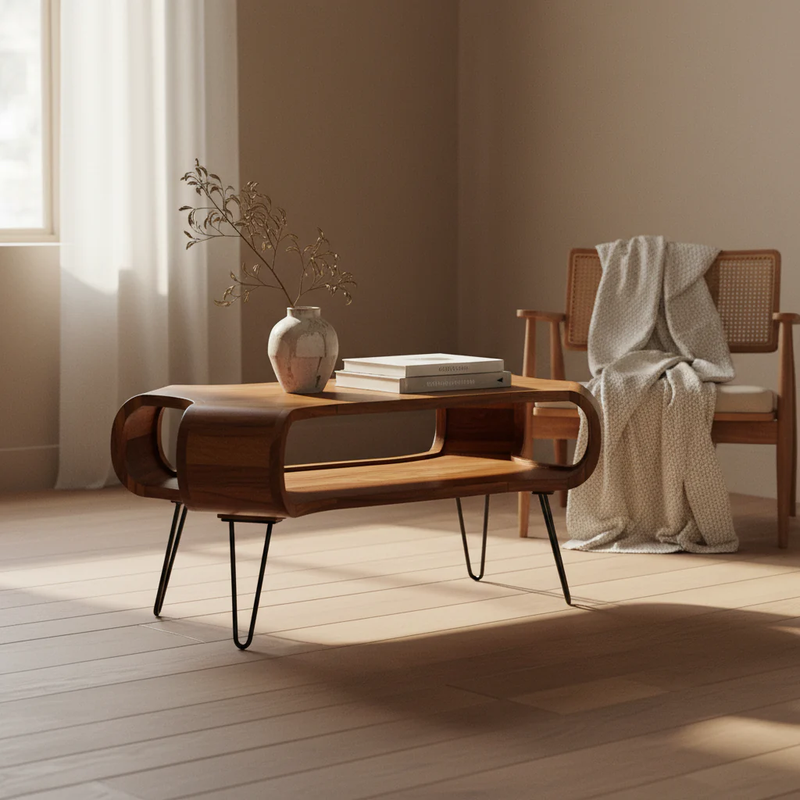 Arcora Rectangular coffee table in Sheesham wood and metal Legs