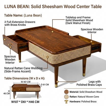 Luna Bean Modern Handcrafted Solid Wood Center Table For Living Room (Honey Finish)