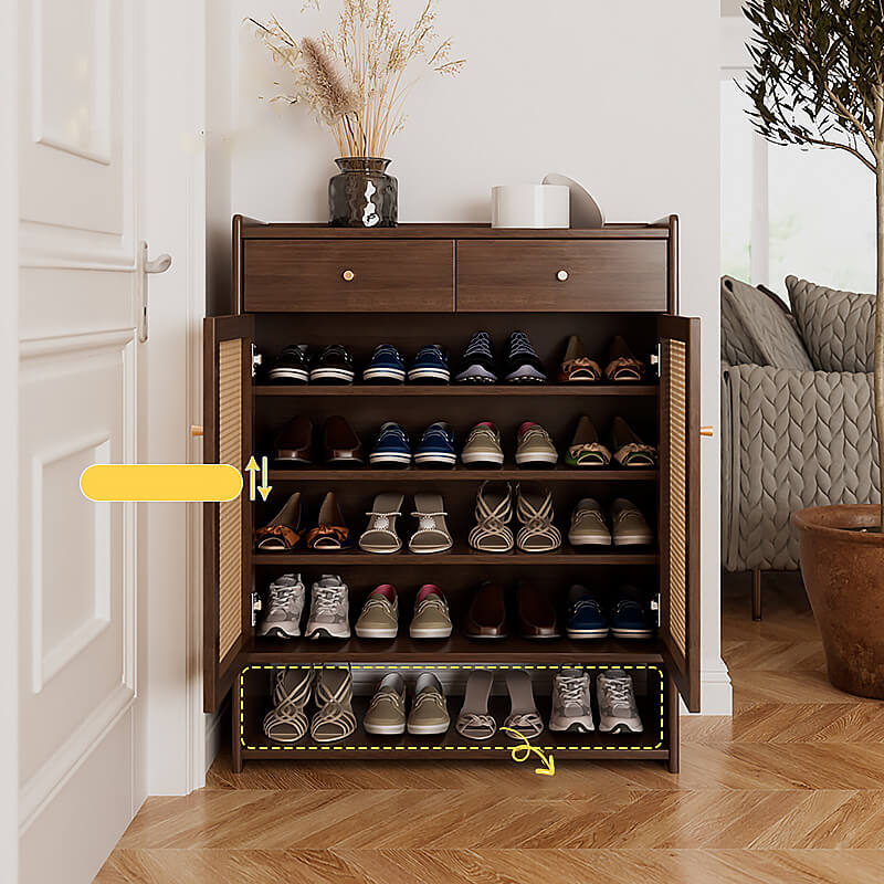 Suryavanshi Wooden Shoe Cabinet with Cane Webbing Doors, 2 Drawers, Open Shelf, Sheesham Wood