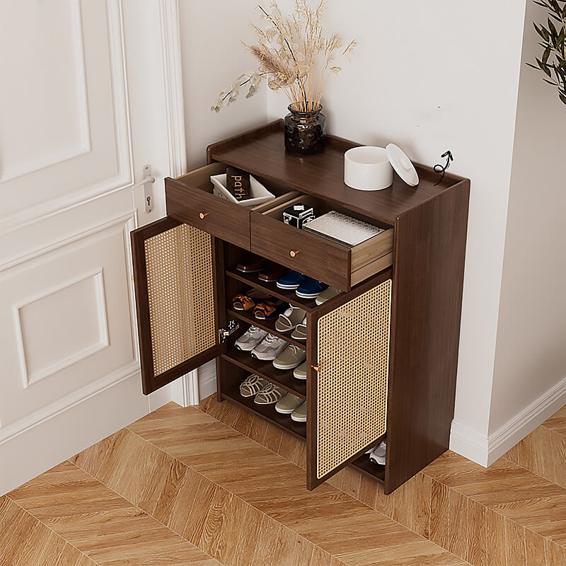 Suryavanshi Wooden Shoe Cabinet with Cane Webbing Doors, 2 Drawers, Open Shelf, Sheesham Wood