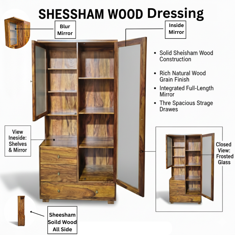 Sheesham Wood Dressing Table with Mirror & Storage Drawers – Elegant Bedroom Furniture